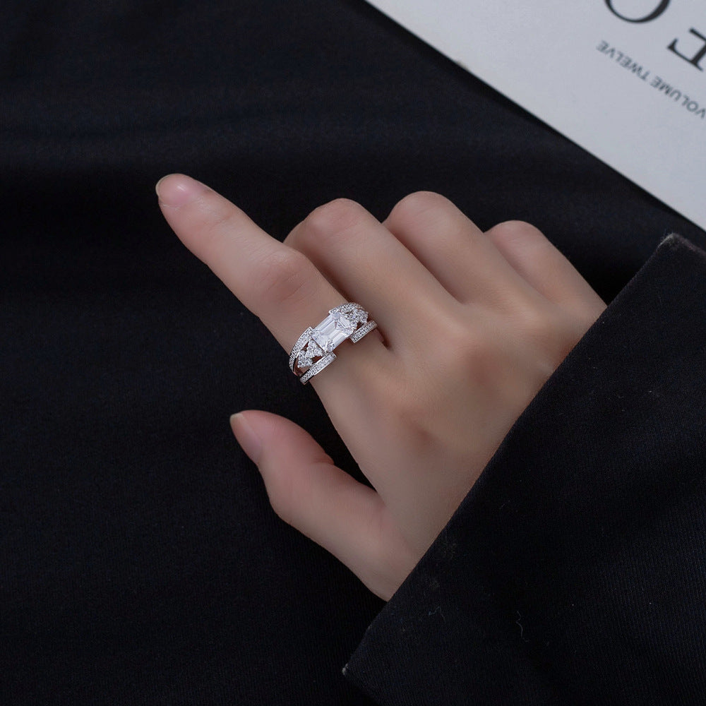 White Emerald Cut High Carbon Cubic Zirconia Geometric Double Band Side Cluster 925 Sterling Silver Ring