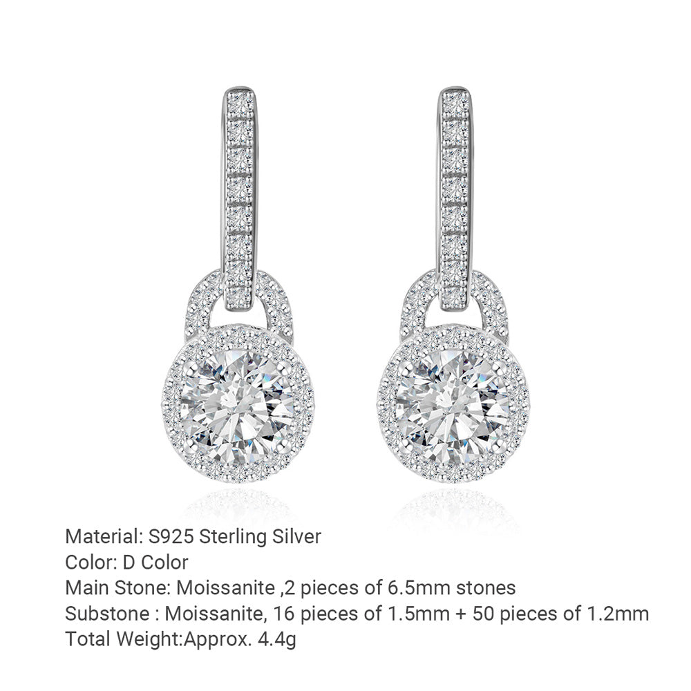Moissanite Geometric Round Halo Drop Earrings  925 Sterling Silver Earring