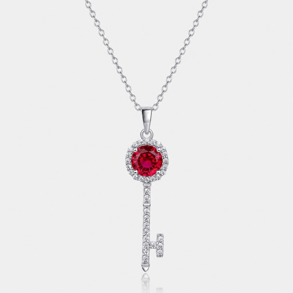 Key Shape Lab-Grown Ruby And Moissanite Halo Pendant  925 Sterling Silver  Necklace