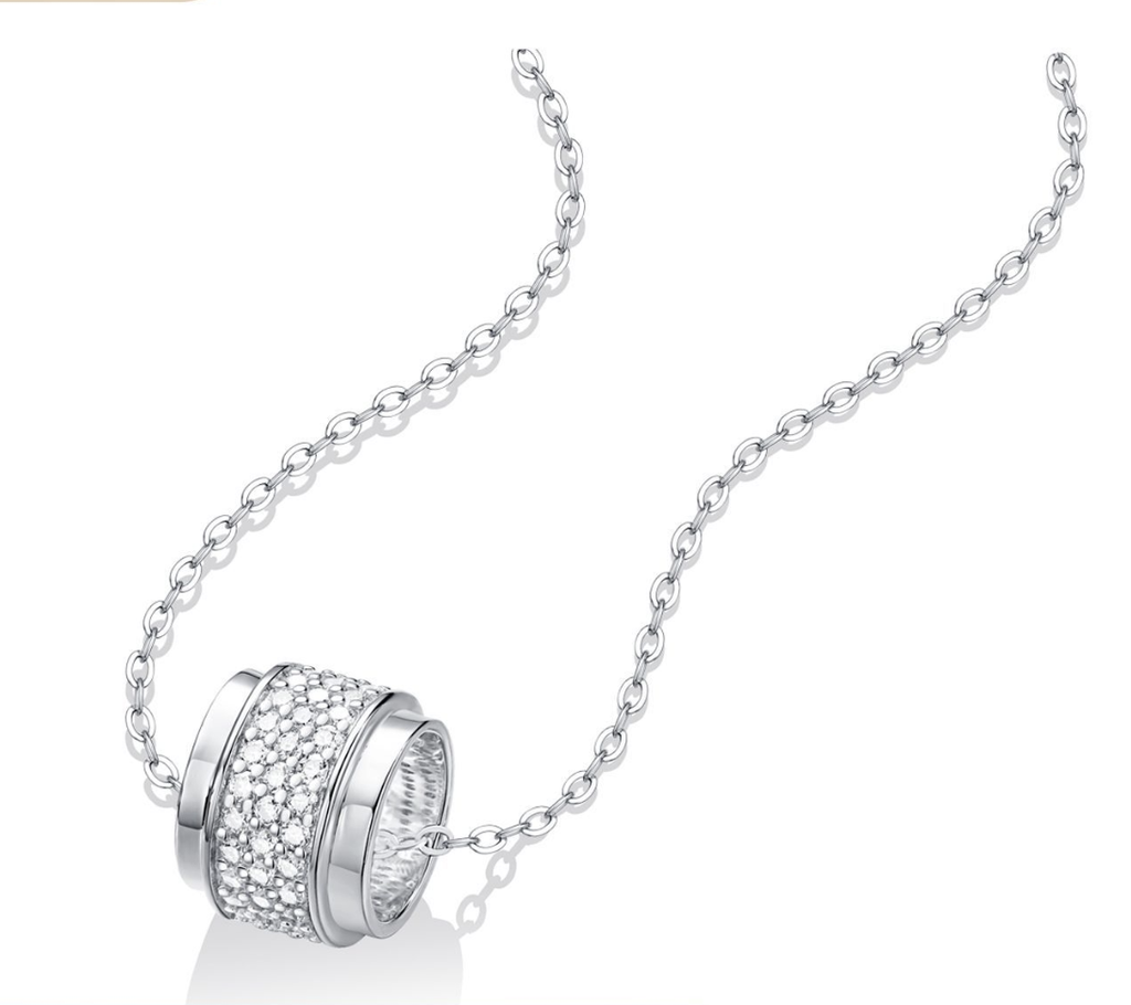 Silver Tone Geometric Rotating Barrel Moissanite 925 Sterling Silver Necklace