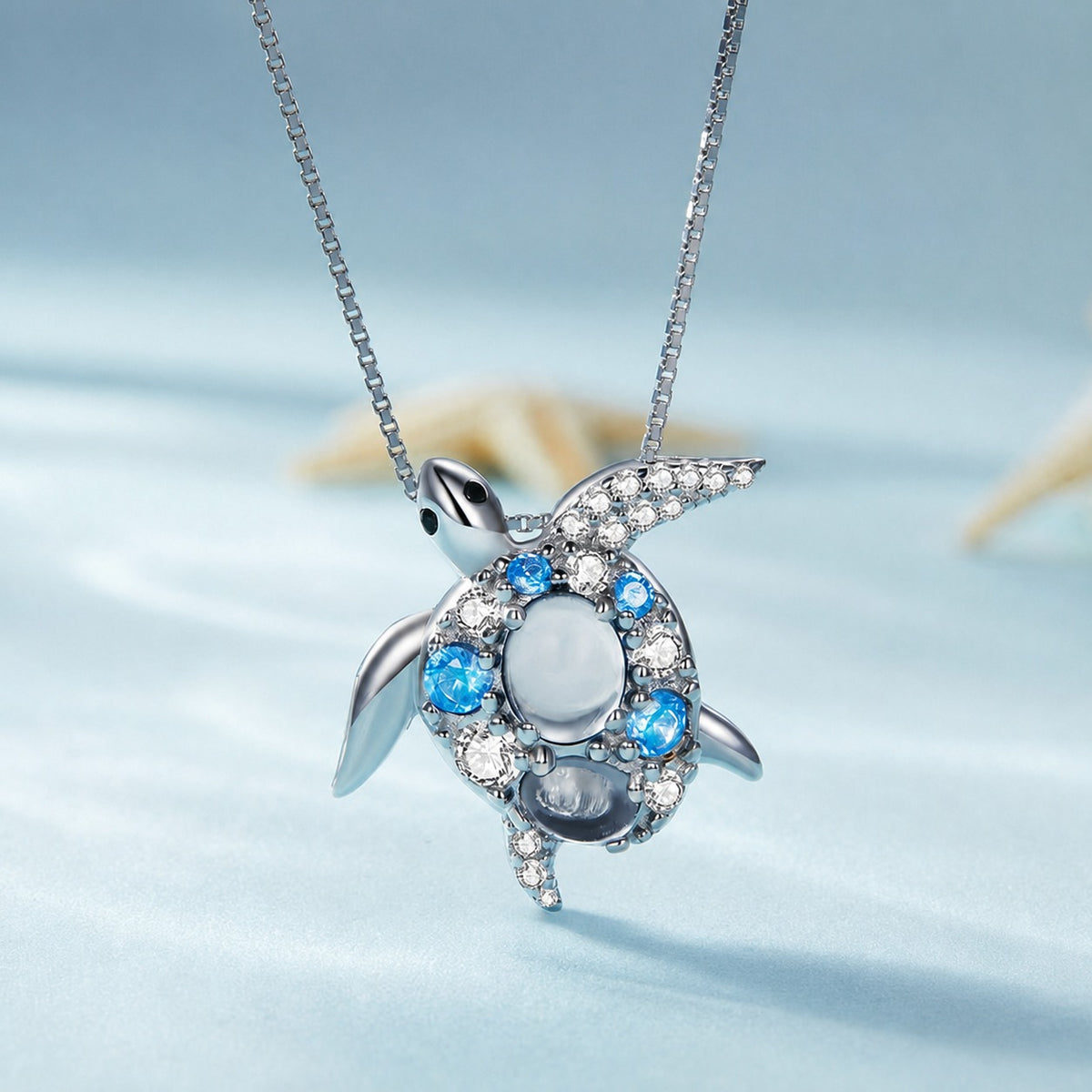 Ocean Themed Blue Sea Turtle 925 Sterling Silver Box Chain Necklace