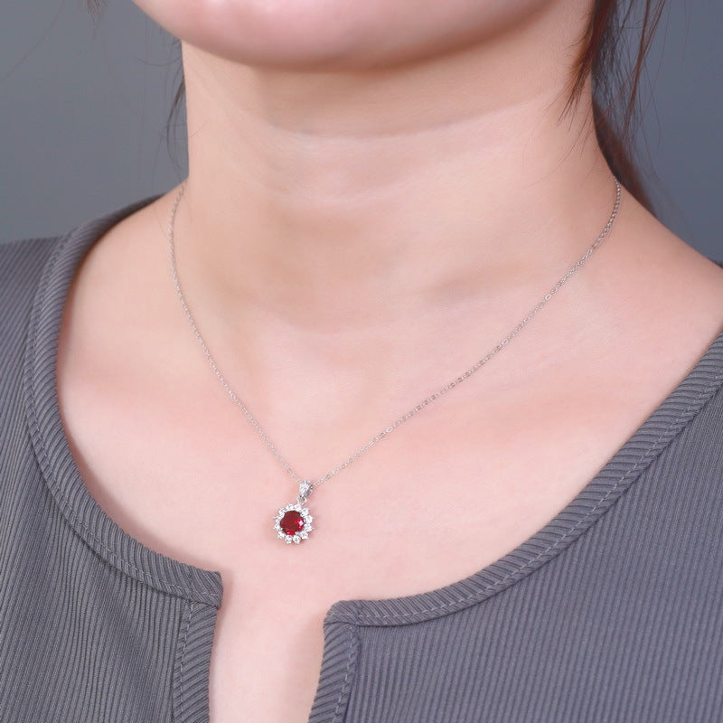 Sunflower Halo Red Lab Ruby Cubic Zirconia Pendant 925 Sterling Silver Flower Chain Necklace
