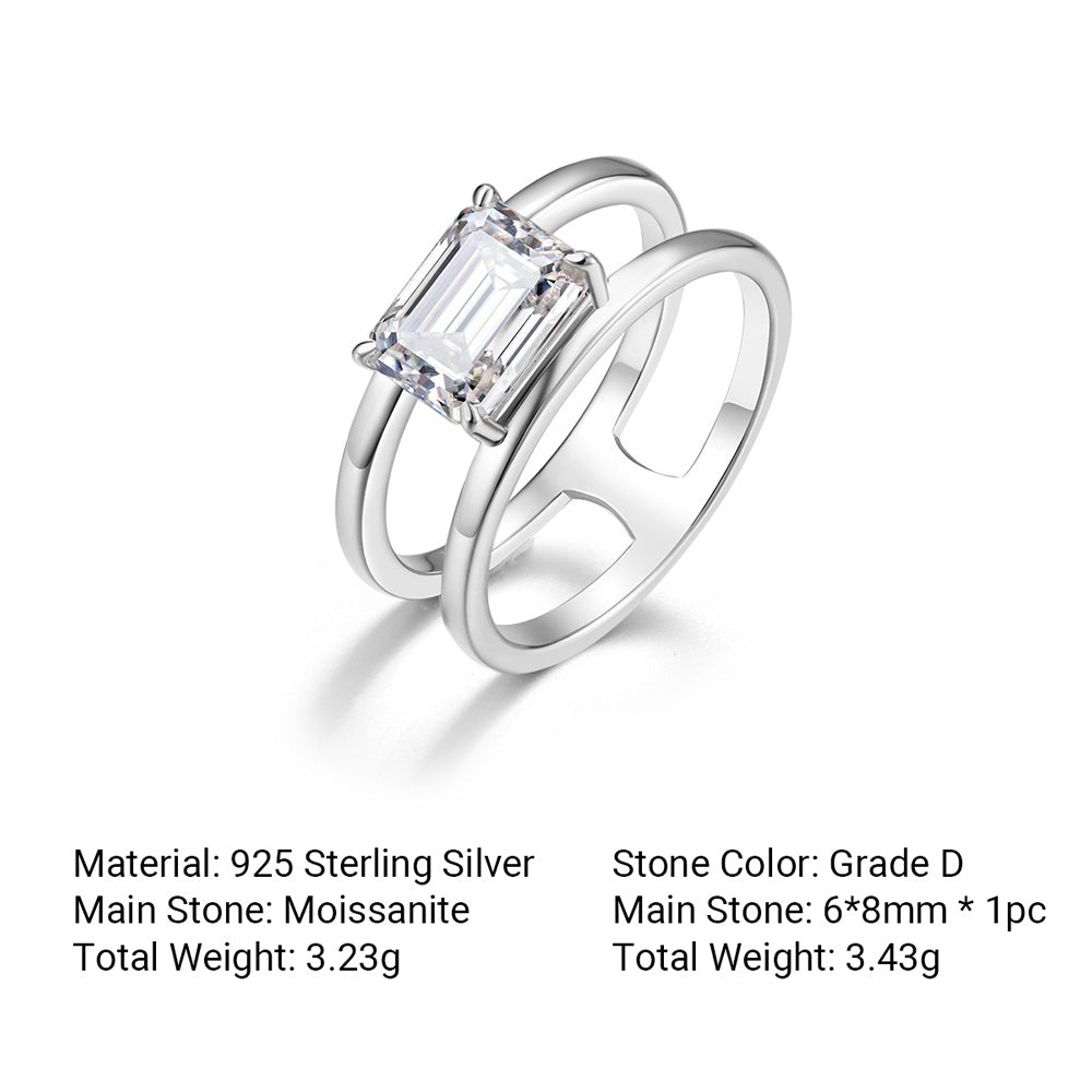 Rectangular Moissanite Centre Stone with Double Band  925 Sterling Silver Ring