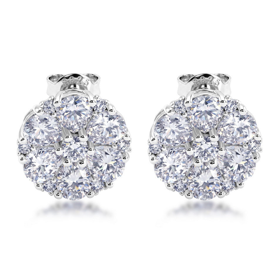 Daisy Flower Cluster Moissanite  White Tone 925 Sterling Silver Stud Earrings