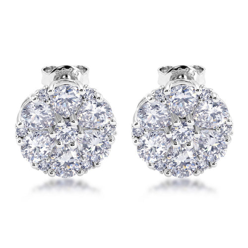 Daisy Flower Cluster Moissanite  White Tone 925 Sterling Silver Stud Earrings