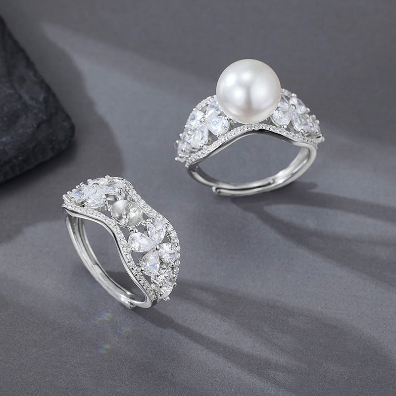 Elegant Fashion Women Floral Cluster Statement Flower Pearl Bead Cubic Zirconia Solid 925 Sterling Silver Open Ring