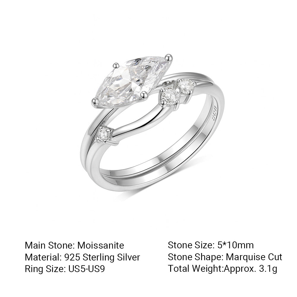 Marquise Cut Moissanite  925 Sterling Silver  Double Band Ring
