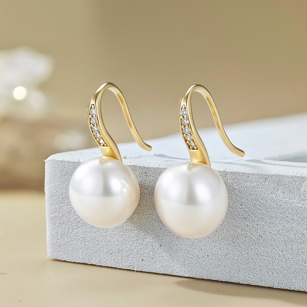 Natural Freshwater Pearl And Clear Cubic Zirconia Curved  925 Sterling Silver Hook Drop Earrings