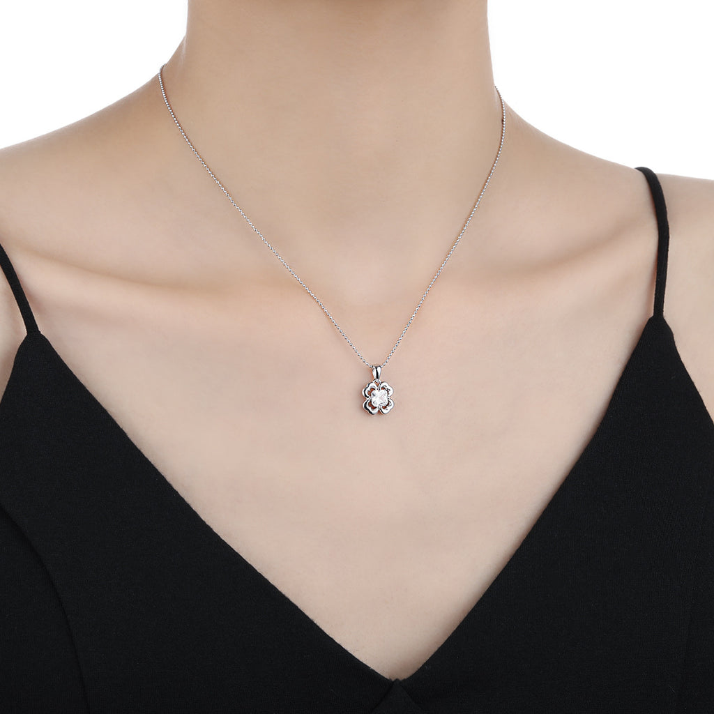Clover Flower Cubic Zirconia 925 Sterling Silver Ball Chain Necklace