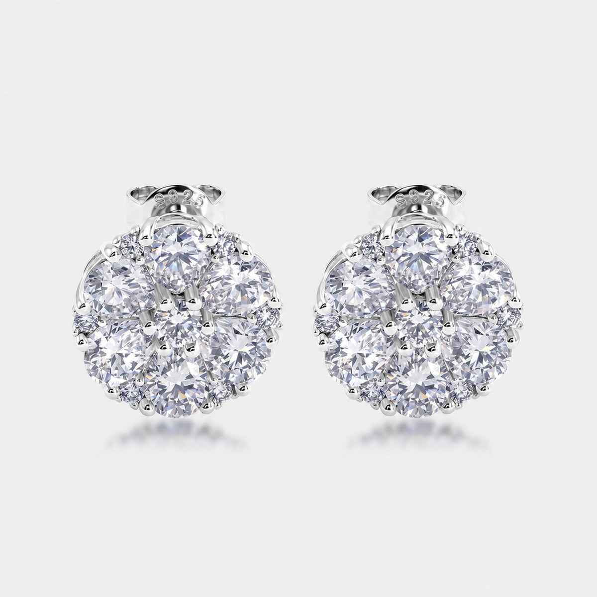 Daisy Flower Cluster Moissanite  White Tone 925 Sterling Silver Stud Earrings