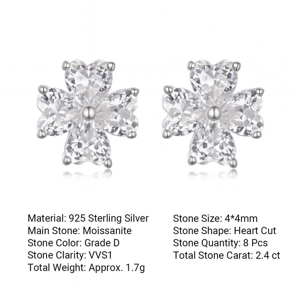Heart Shaped Four Petalled Moissanite 925 Sterling Silver Stud Earrings