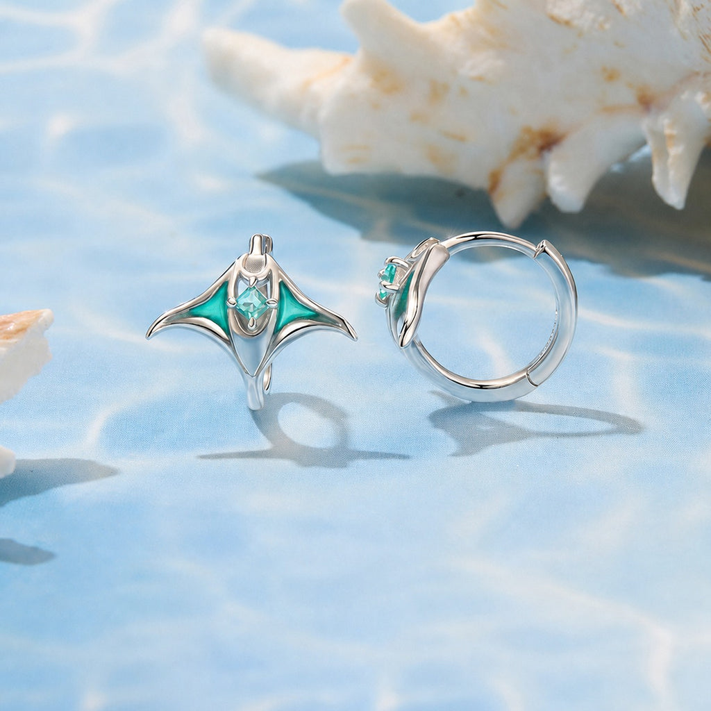 Manta Ray-Shaped Cubic Zirconia Green Epoxy Resin 925 Sterling Silver Hoop Earrings