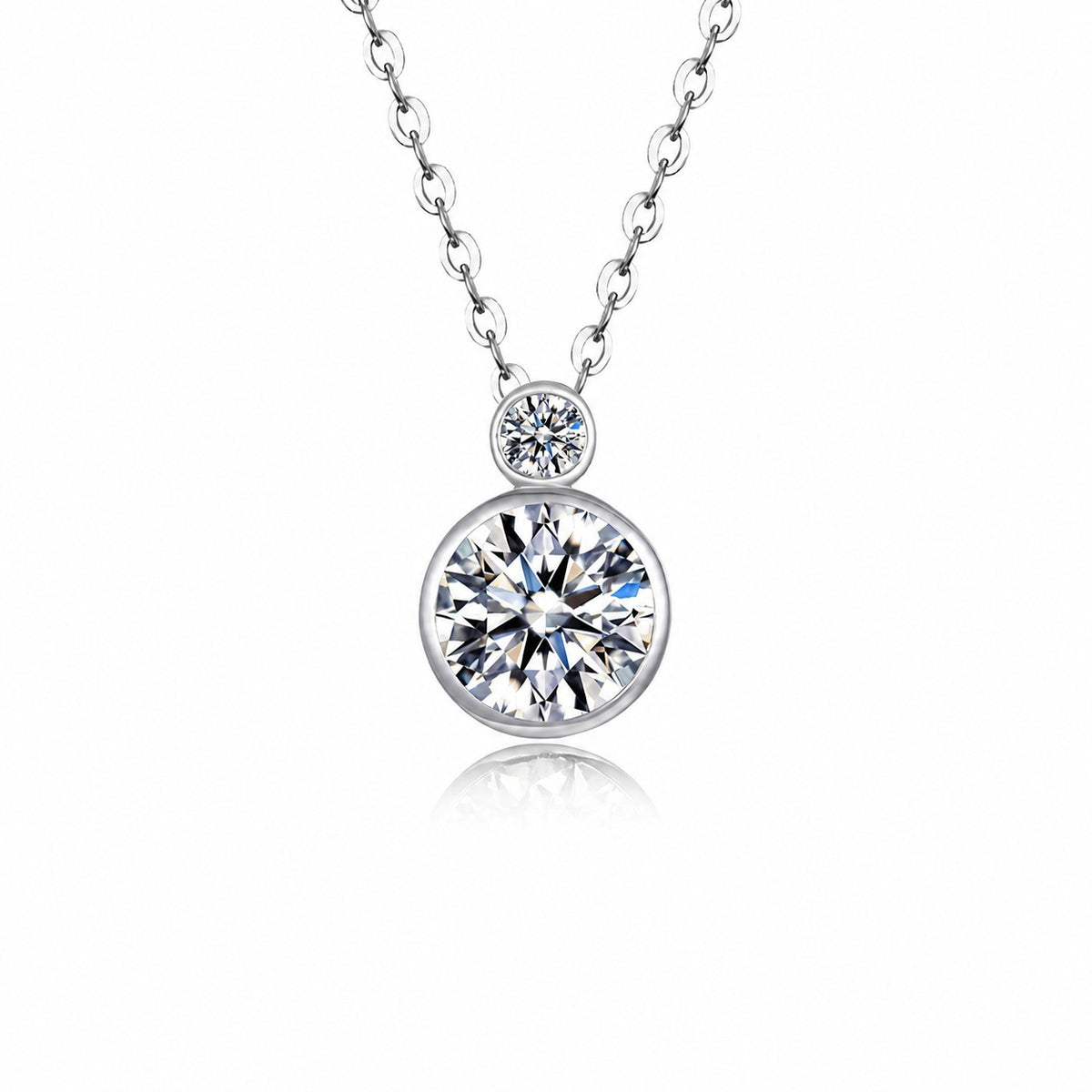 Double Round Bezel Set Moissanite 925 Sterling Silver Pendant Necklace
