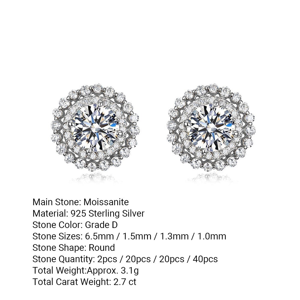 Moissanite Double-Layer Halo Round 925 Sterling Silver Stud Earrings