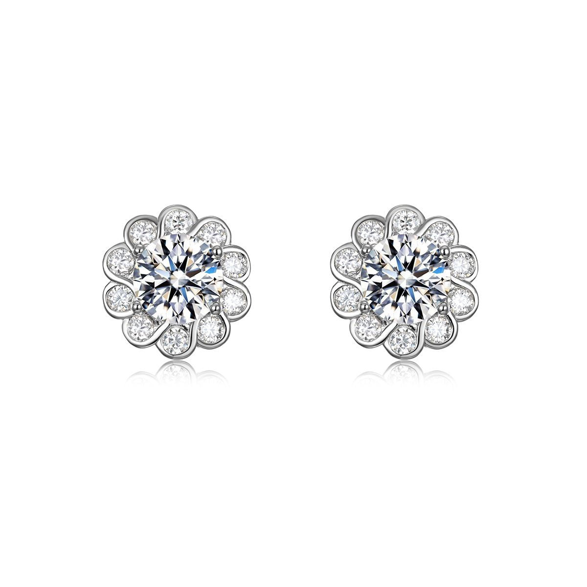 Sunflower Flower Halo Moissanite  In Silver Tone 925 Sterling Silver Stud Earrings
