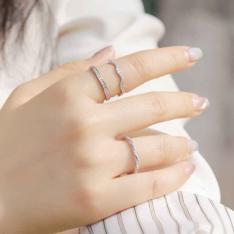 Moissanite Wave Stackable Thin Band  925 Sterling Silver Ring