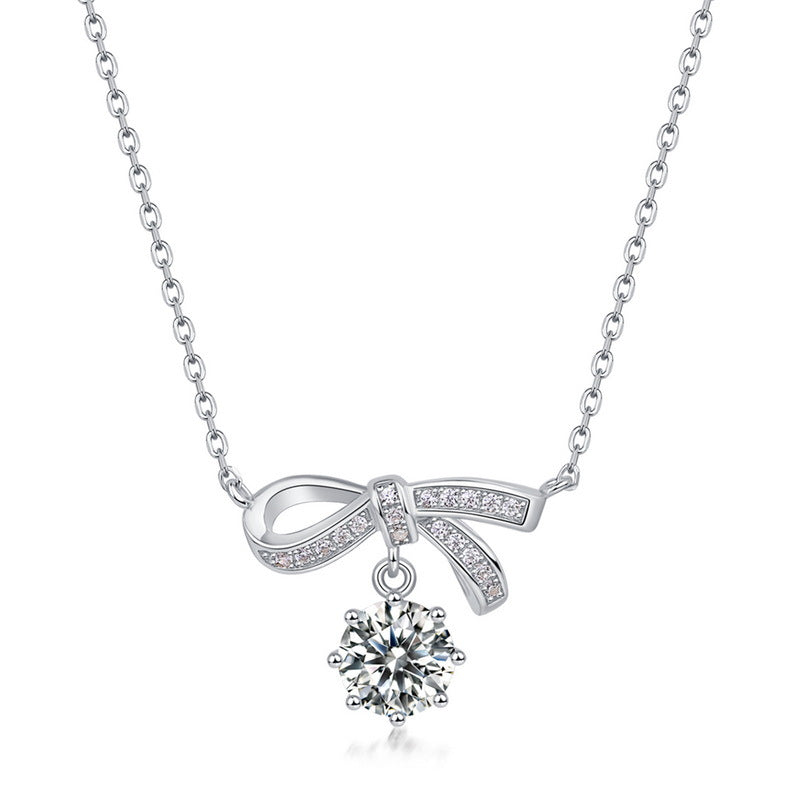 Bowknot Ribbon 925 Silver Moissanite Pendant With Round Dangle Center Stone Necklace