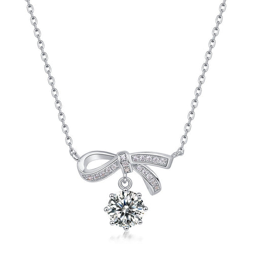 Bowknot Ribbon 925 Silver Moissanite Pendant With Round Dangle Center Stone Necklace