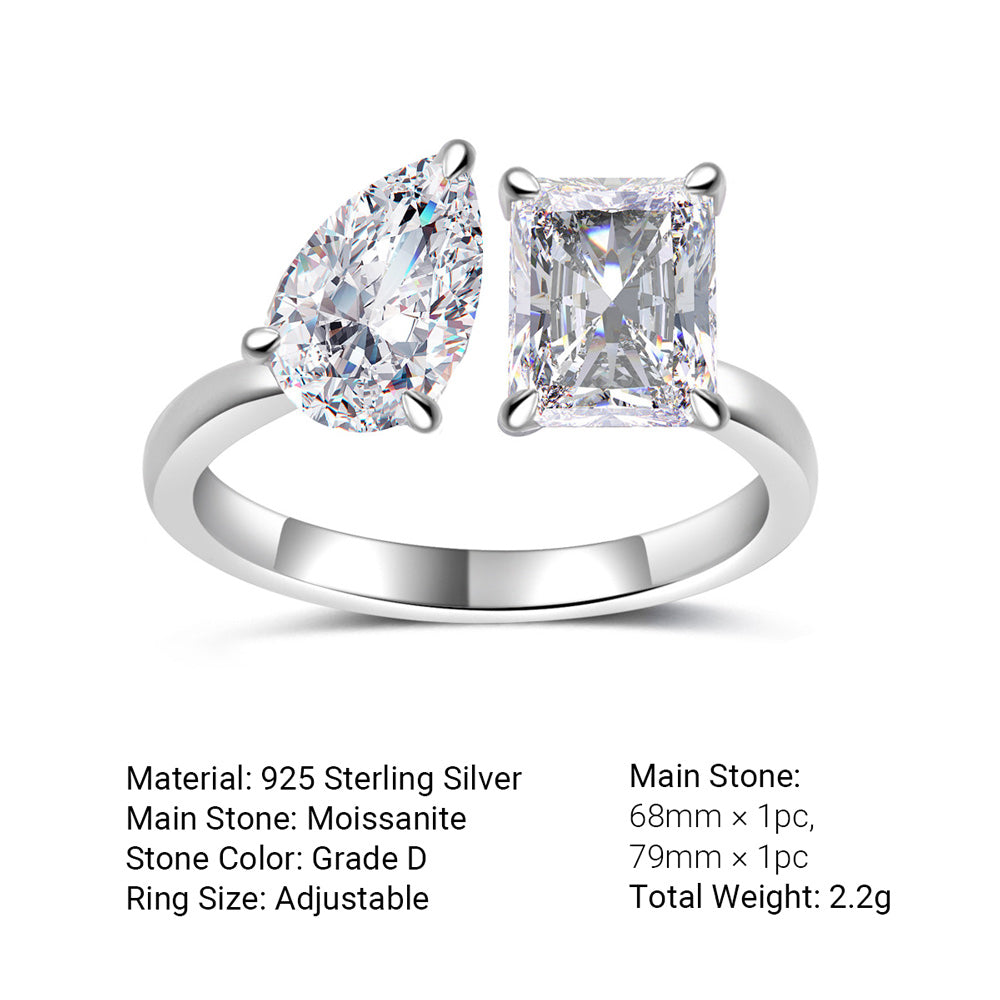 Adjustable Tardrop Shaped Rectangular Moissanite  925 Sterling Silver Ring