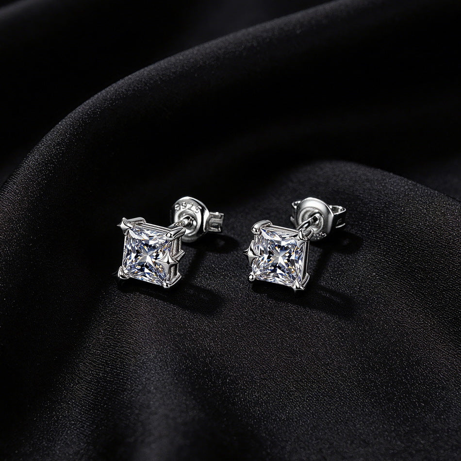 Moissanite Geometric Star Corner Princess Cut Square 925 Sterling Silver Stud Earrings