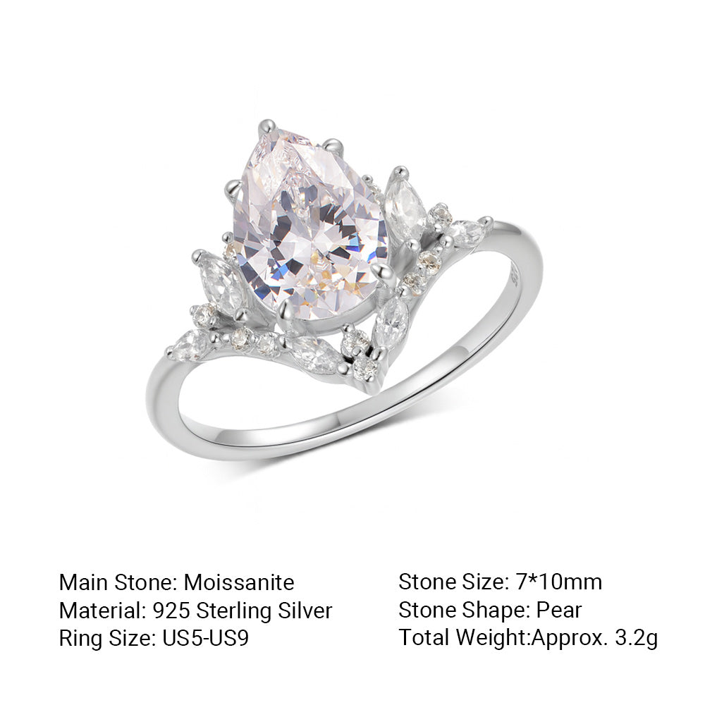 Princess Style Pear Cut Moissanite 925 Sterling Silver Crown Ring