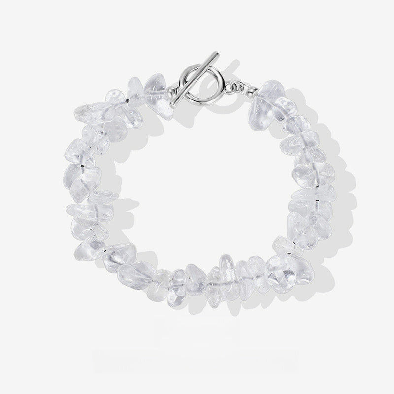 Natural Stone Irregular Clear White Crystal Chip Bead OT Toggle Clasp 925 Sterling Silver Bracelet