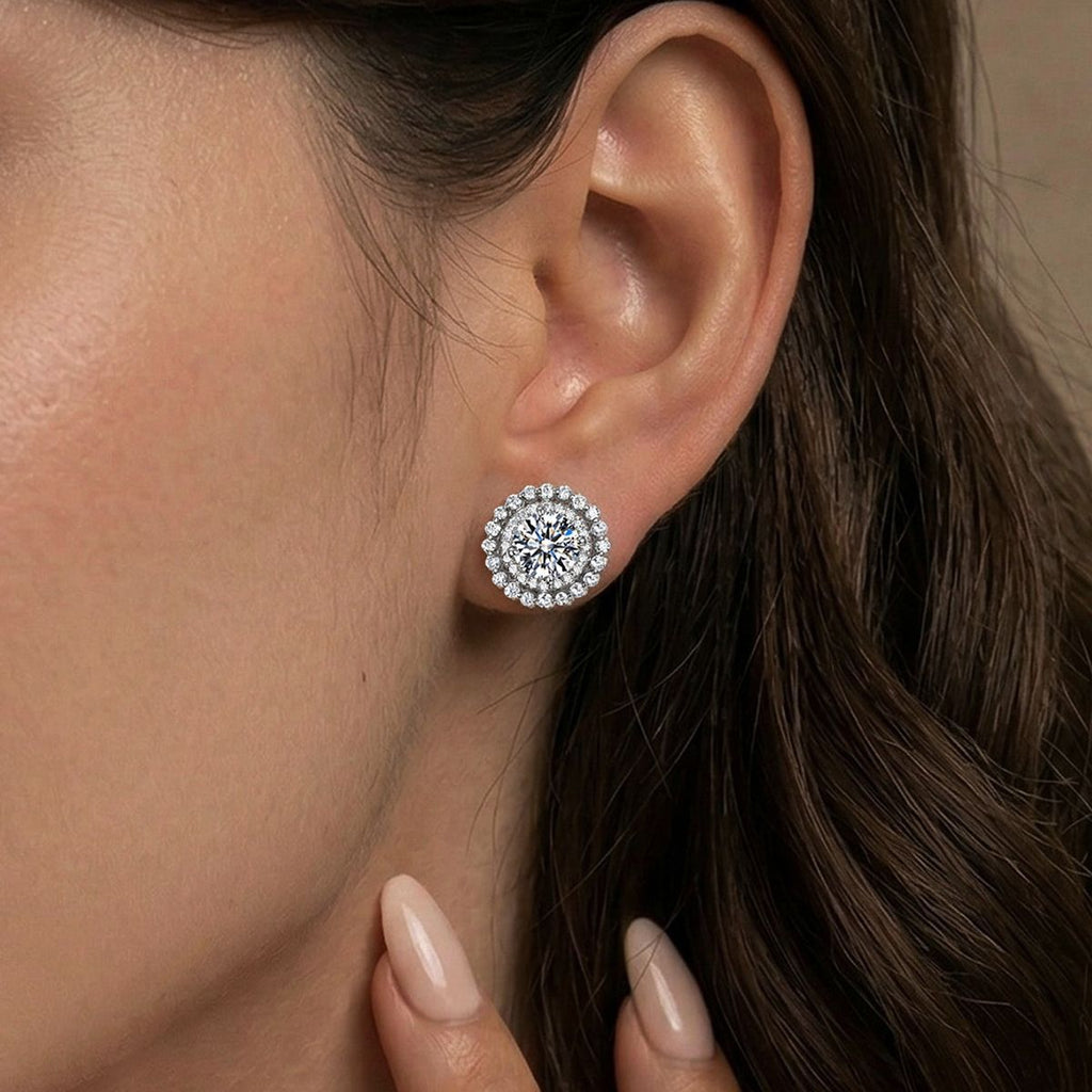 Moissanite Double-Layer Halo Round 925 Sterling Silver Stud Earrings