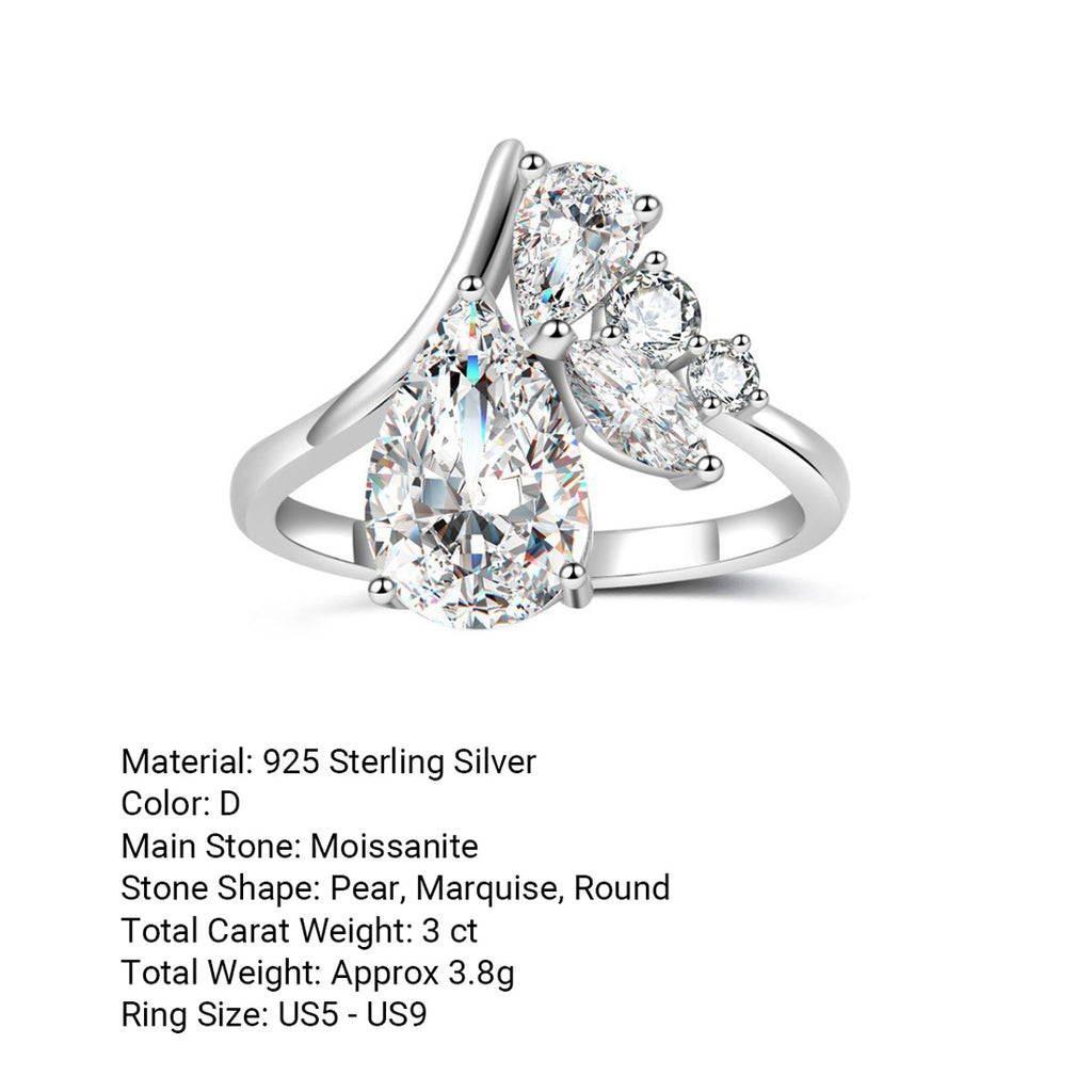 Moissanite Teardrop Centre Stone With Marquise-Cut Side Stones 925 Sterling Silver Ring