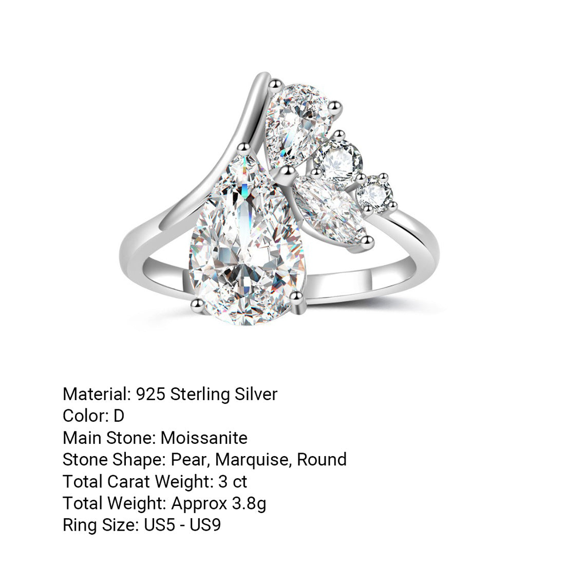 Moissanite Teardrop Centre Stone With Marquise-Cut Side Stones 925 Sterling Silver Ring