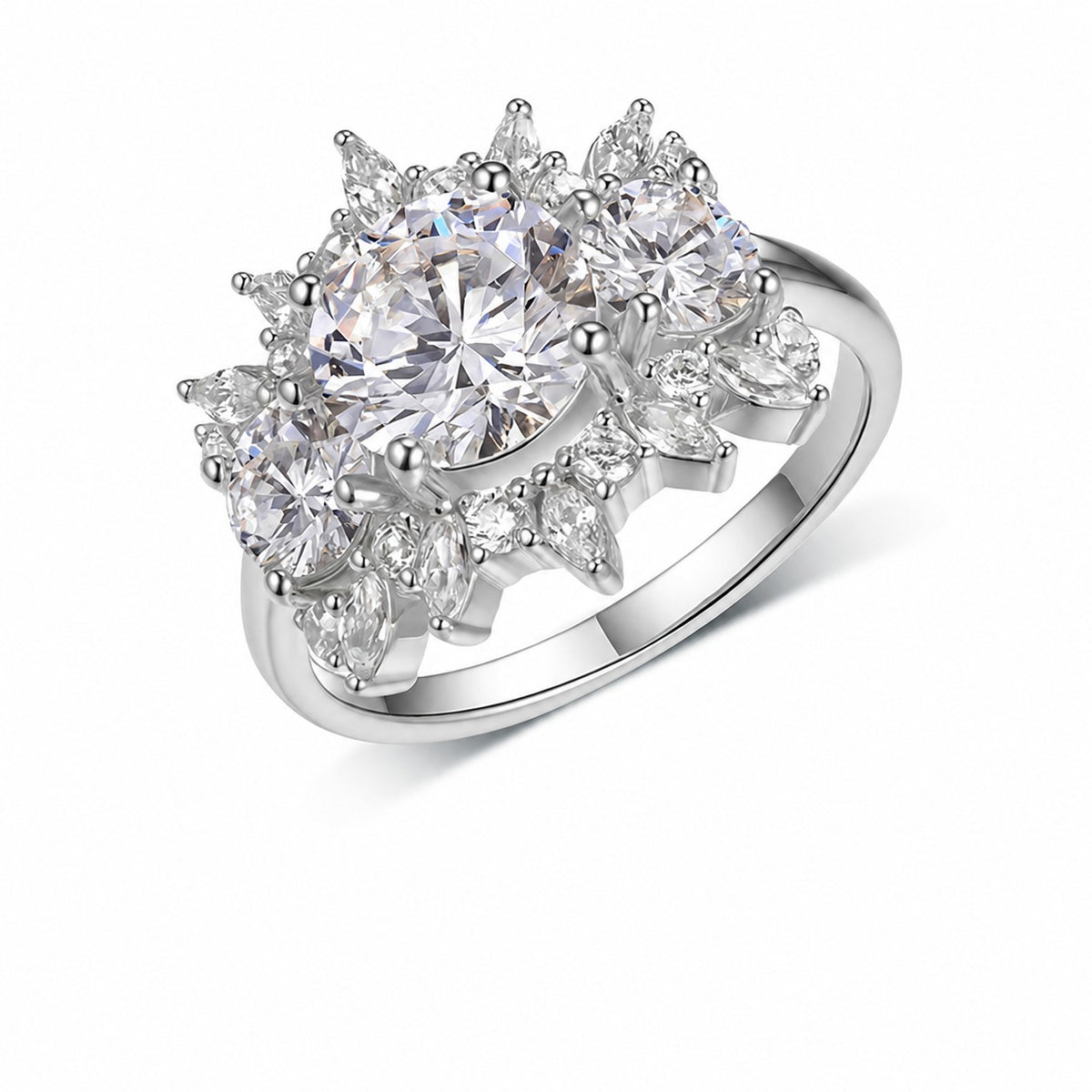 Floral Halo Round Cut D Color Moissanite S925 Sterling SilverThree Stone Cluster Wedding Ring