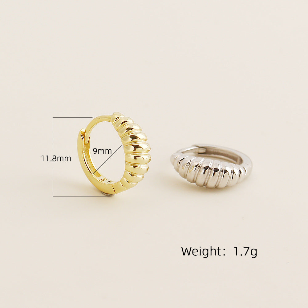 Striped Cheek Style Croissant Shaped 925 Sterling Silver Huggie Hoop Earrings