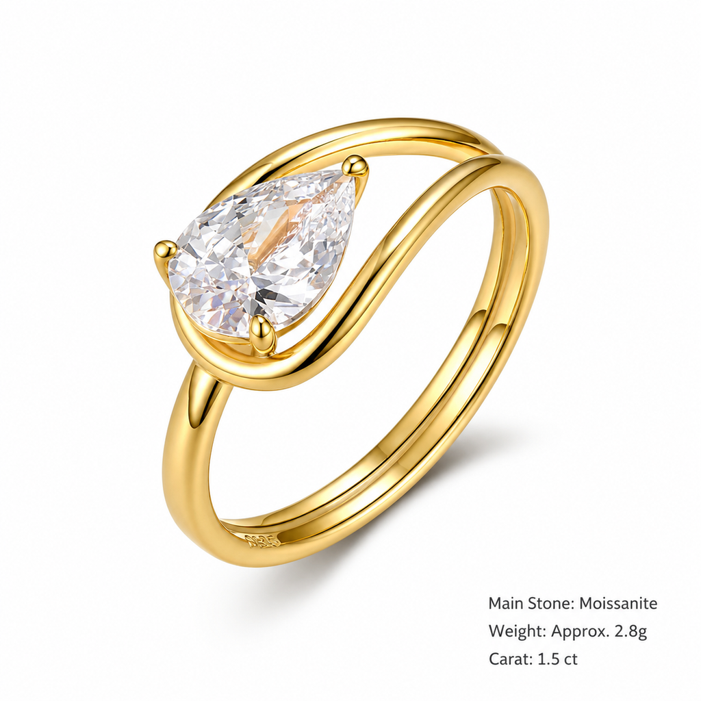 D Color Moissanite Pear Cut Bypass Wrap 925 Sterling Silver Ring