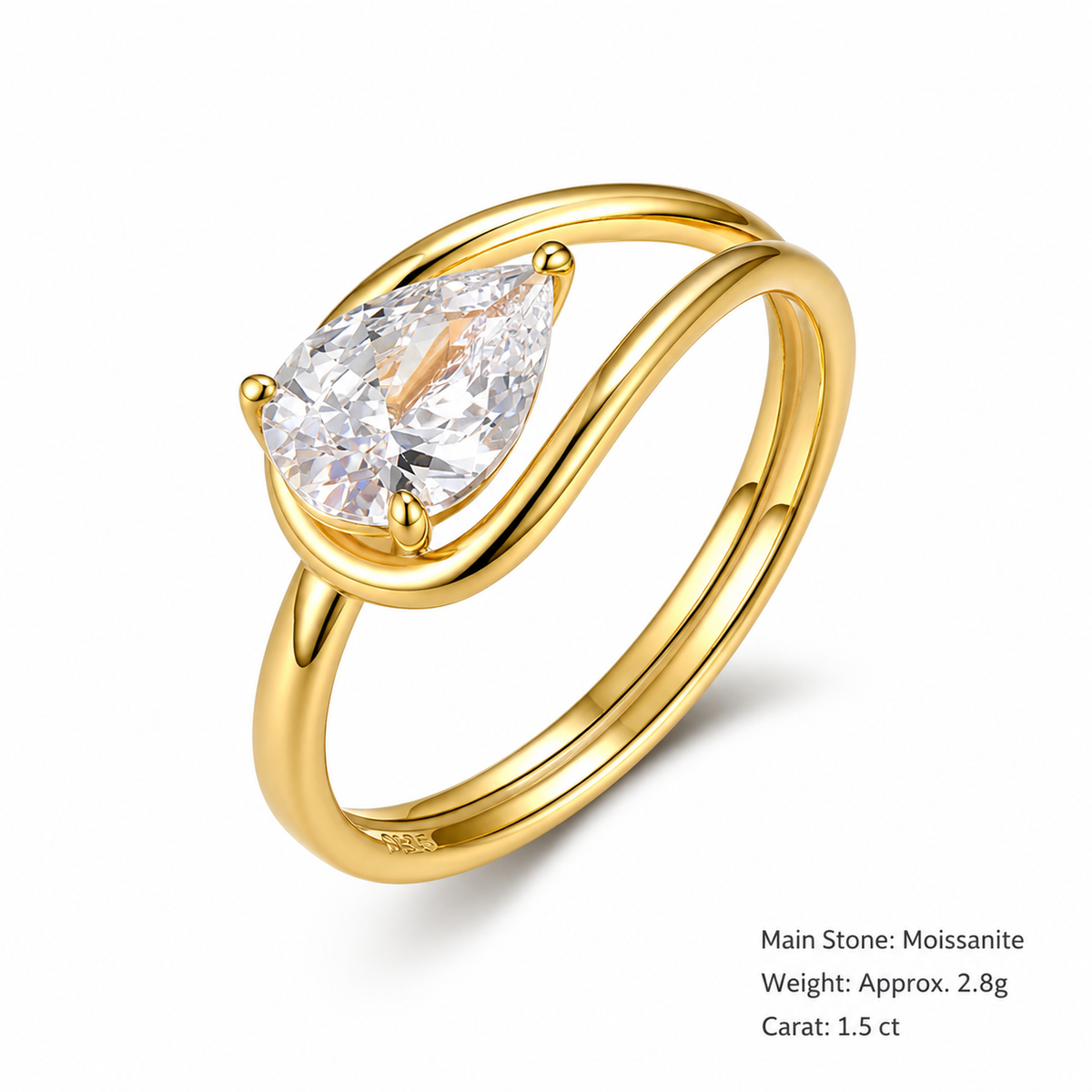 D Color Moissanite Pear Cut Bypass Wrap 925 Sterling Silver Ring