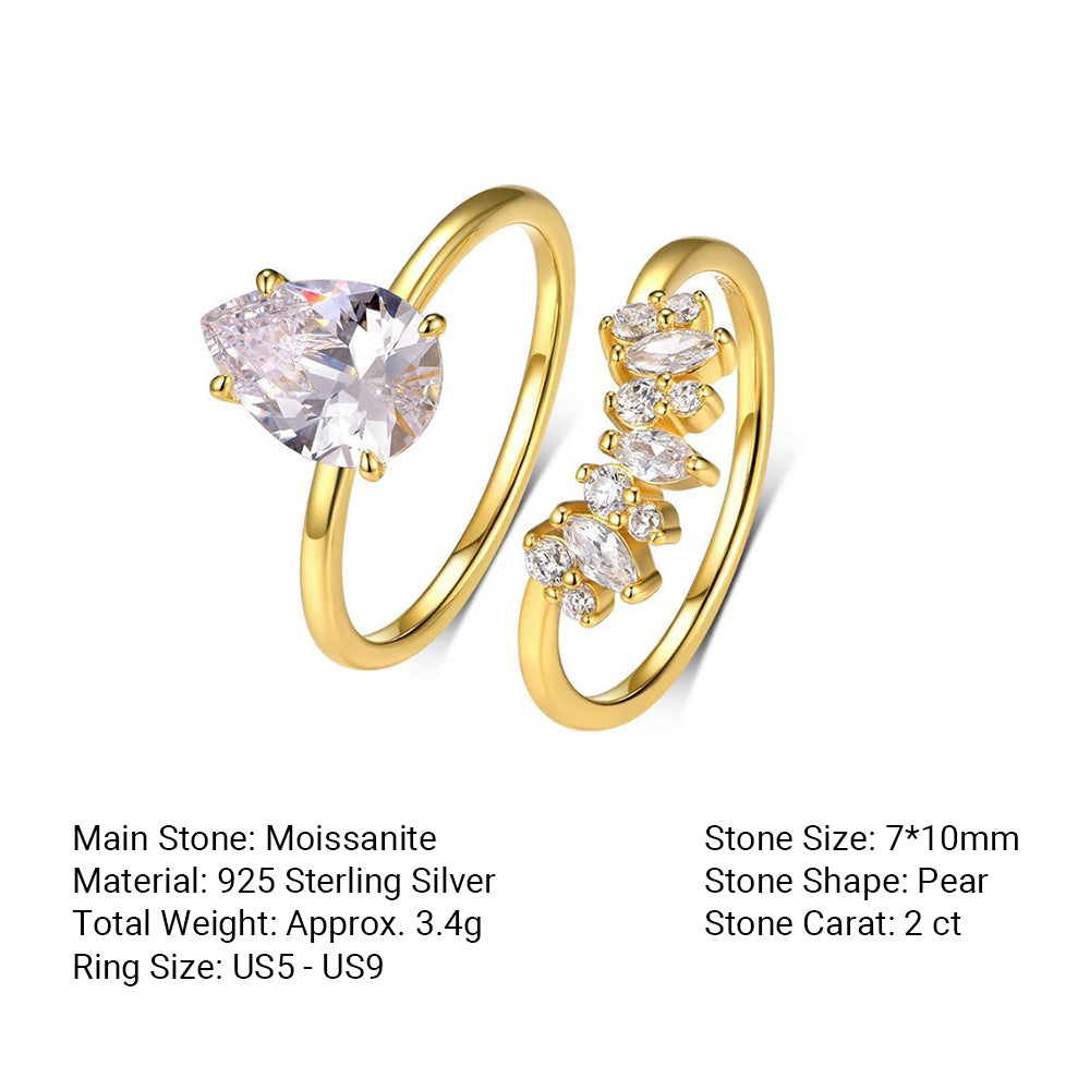 Women’s Striped Design Pear-Shaped Moissanite Two-Piece Stackable Set of 925 Sterling Silver Rings