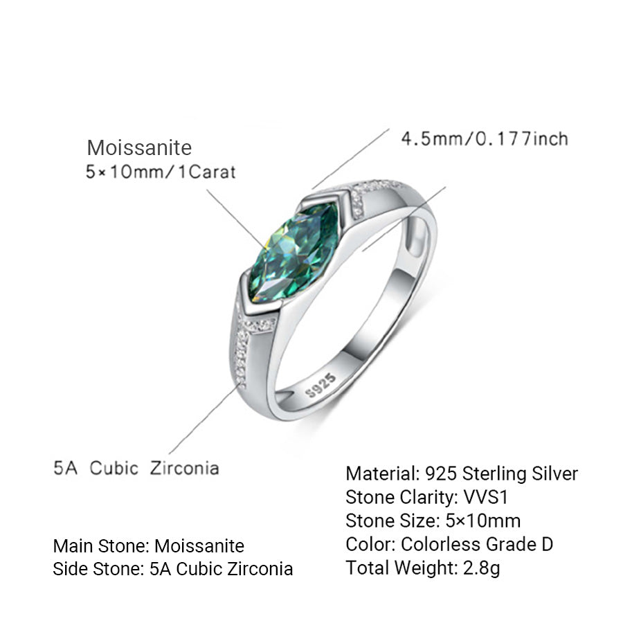 Green Marquise Cut Moissanite Geometric Oval Shaped 925 Sterling Silver Ring