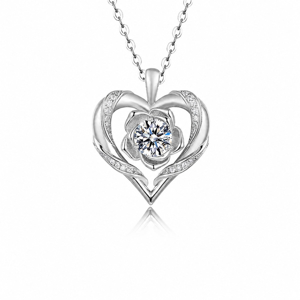 Heart Rose Flower Silver 925 Sterling Silver Moissanite Pendant Necklace