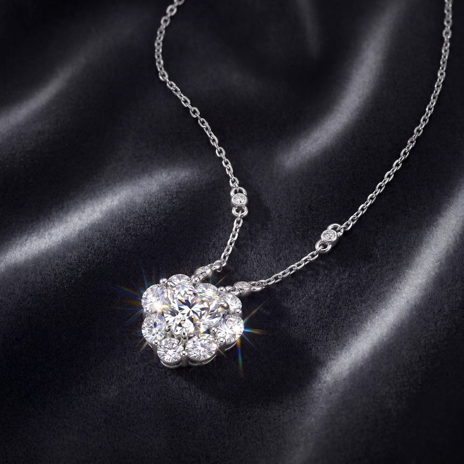 Heart Shape Moissanite Cluster Flower Pendant  925 Sterling Silver Necklace