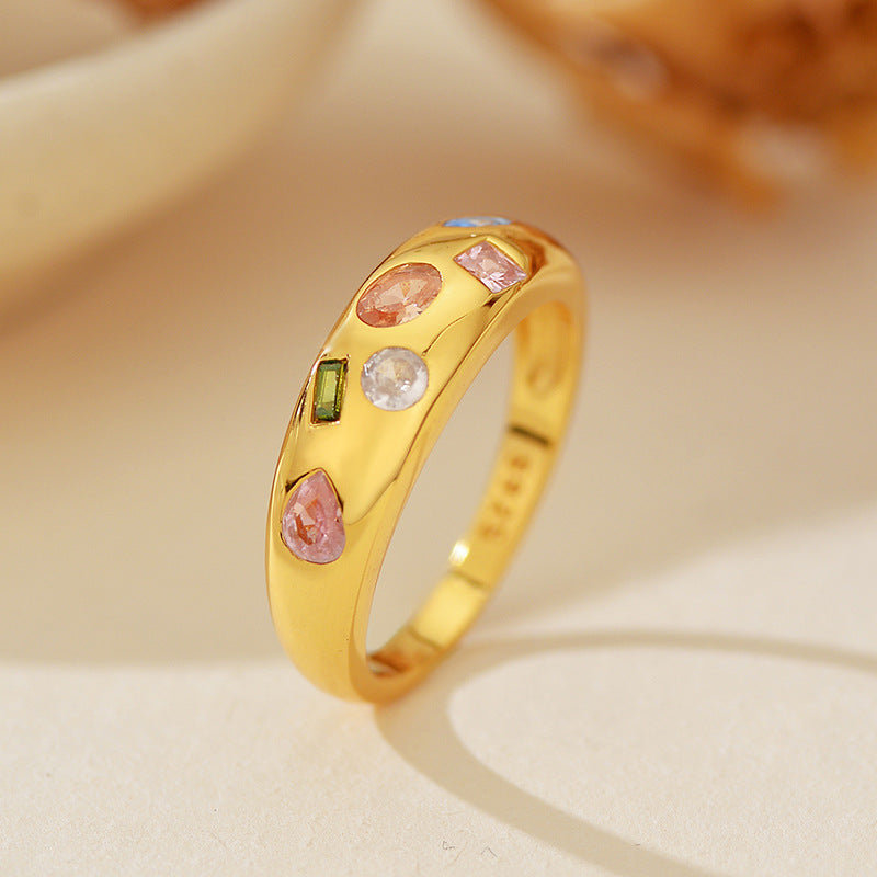 Modern Elegant Statement Jewelry Multicolor Geometric Cubic Zirconia 925 Sterling Silver Ring Yellow Gold  Band Ring