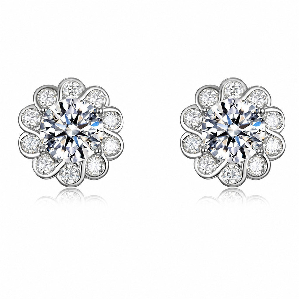 Sunflower Flower Halo Moissanite  In Silver Tone 925 Sterling Silver Stud Earrings