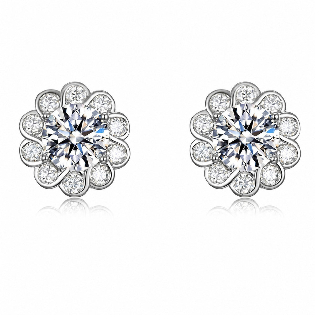Sunflower Flower Halo Moissanite  In Silver Tone 925 Sterling Silver Stud Earrings