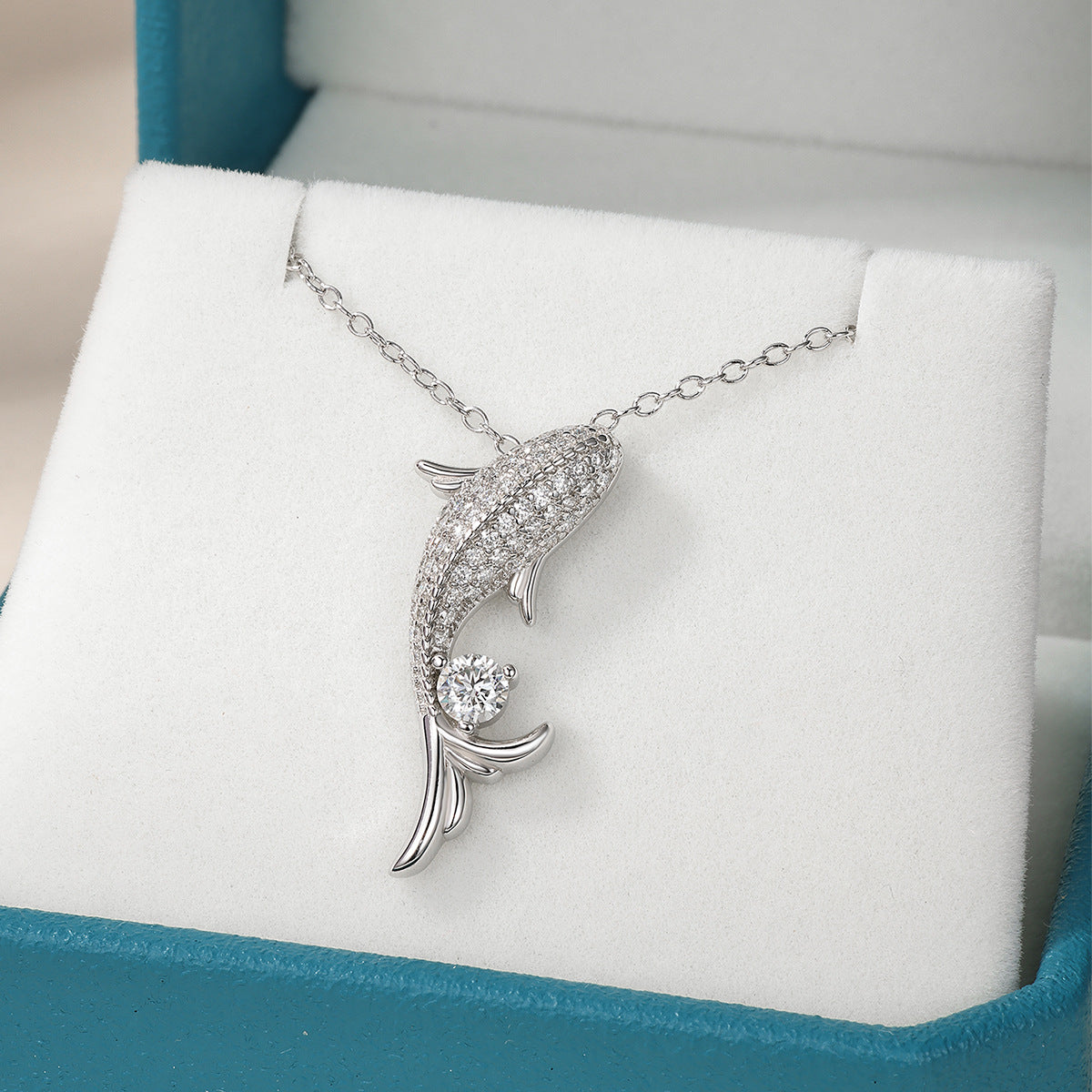 Dolphin White Moissanite 925 Sterling Silver Pendant Necklace