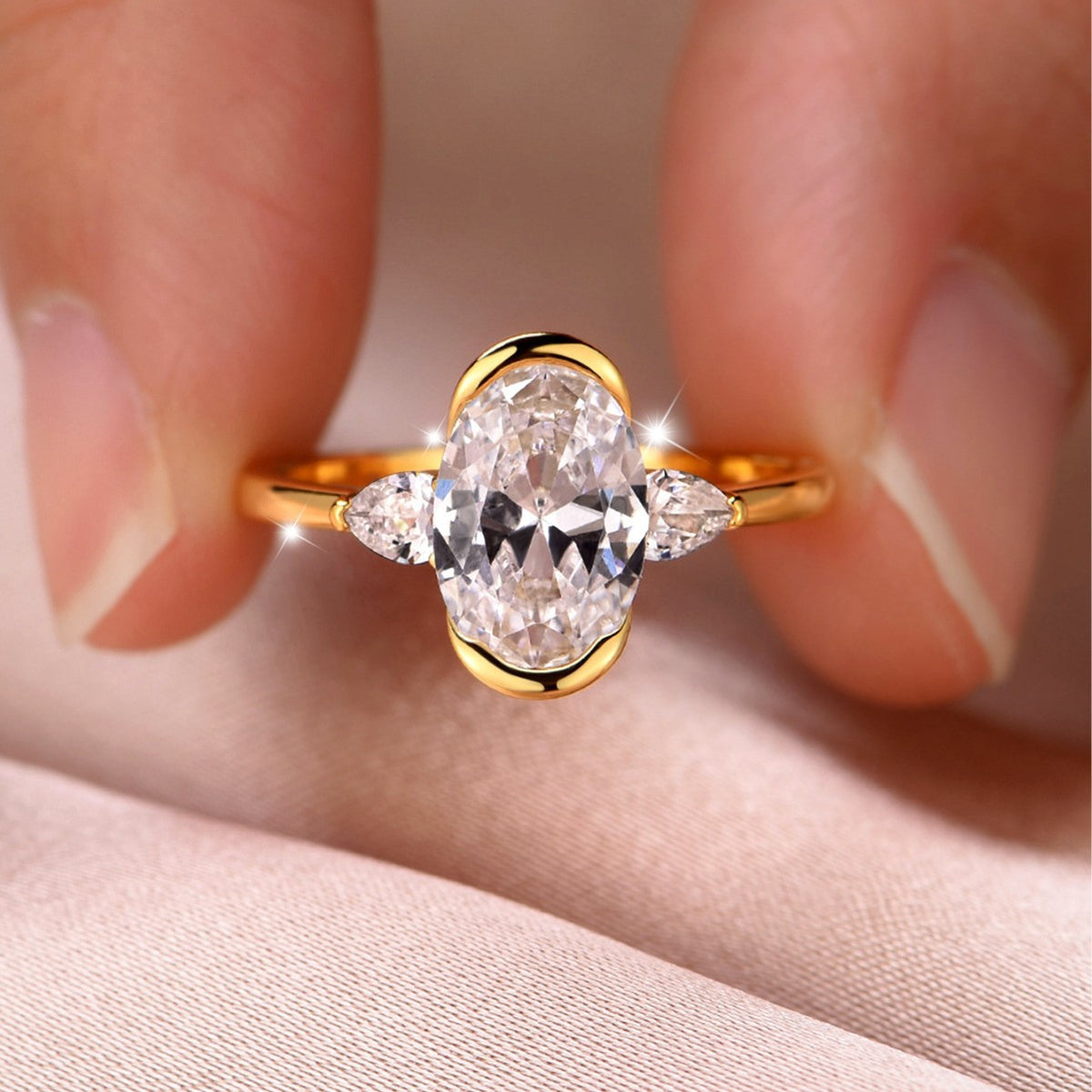 Three Stone Design With Oval Center Stone And  Water Drop Side Stones Moissanite For Women 925 Sterling Silver Ring