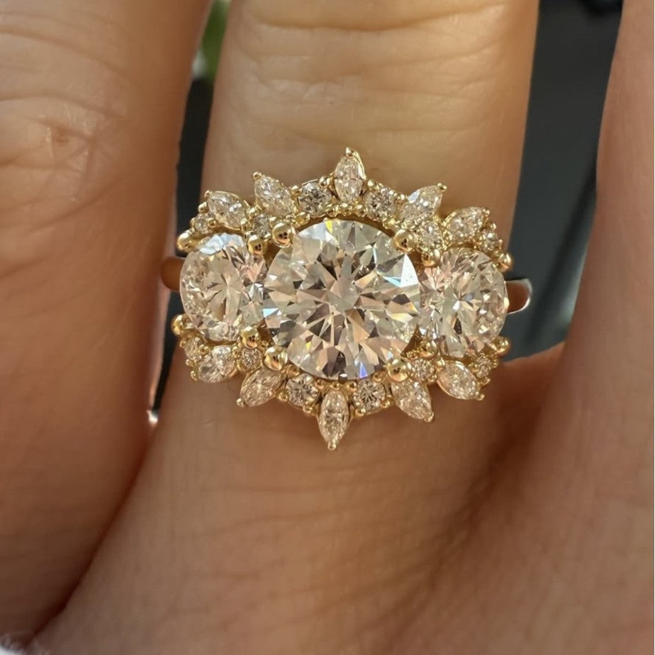 Floral Halo Round Cut D Color Moissanite S925 Sterling SilverThree Stone Cluster Wedding Ring