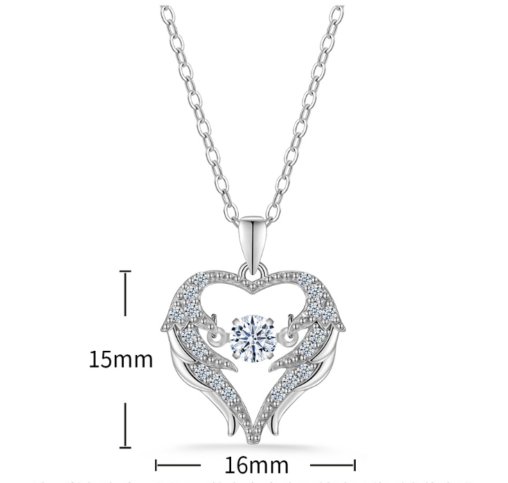 Heart Angel Wing Moissanite 925 Sterling Silver Moving Center Stone Pendant Necklace