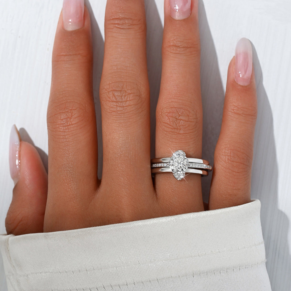Moissanite 925 Sterling Silver Three Band Bridal  Set Round Six Prong Solitaire Pave Ring