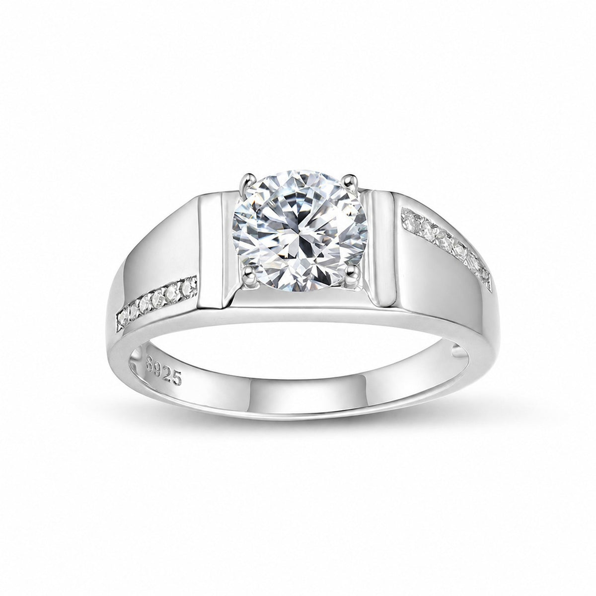 Round Solitaire D Color Center Stone Men's S925 Silver Geometric Band Moissanite Ring