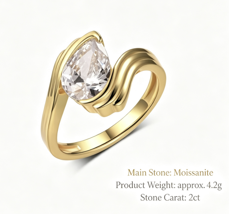 D Color Moissanite Pear Cut Wave Curve Design 925 Sterling Silver Geometric  Elegant Statement Ring