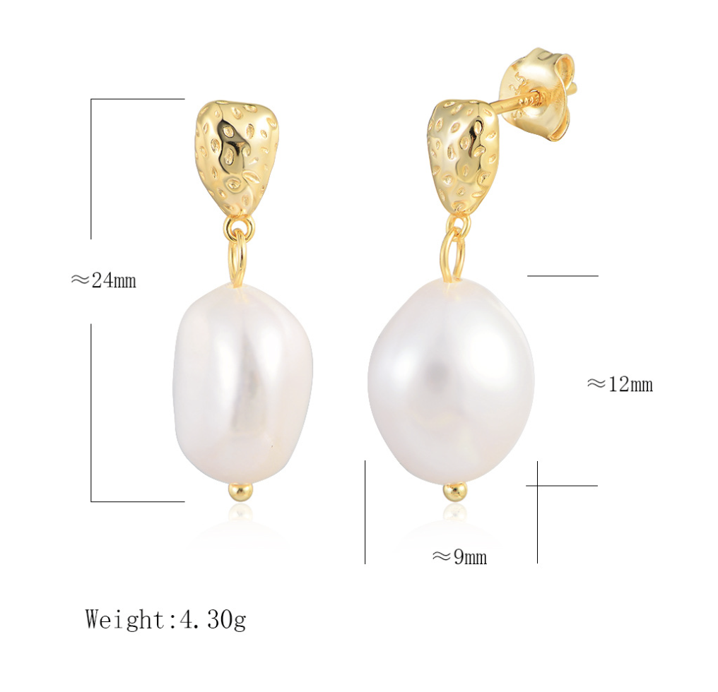 Natural White Baroque Pearl Textured Geometric 925 Sterling Silver Drop Stud Earrings