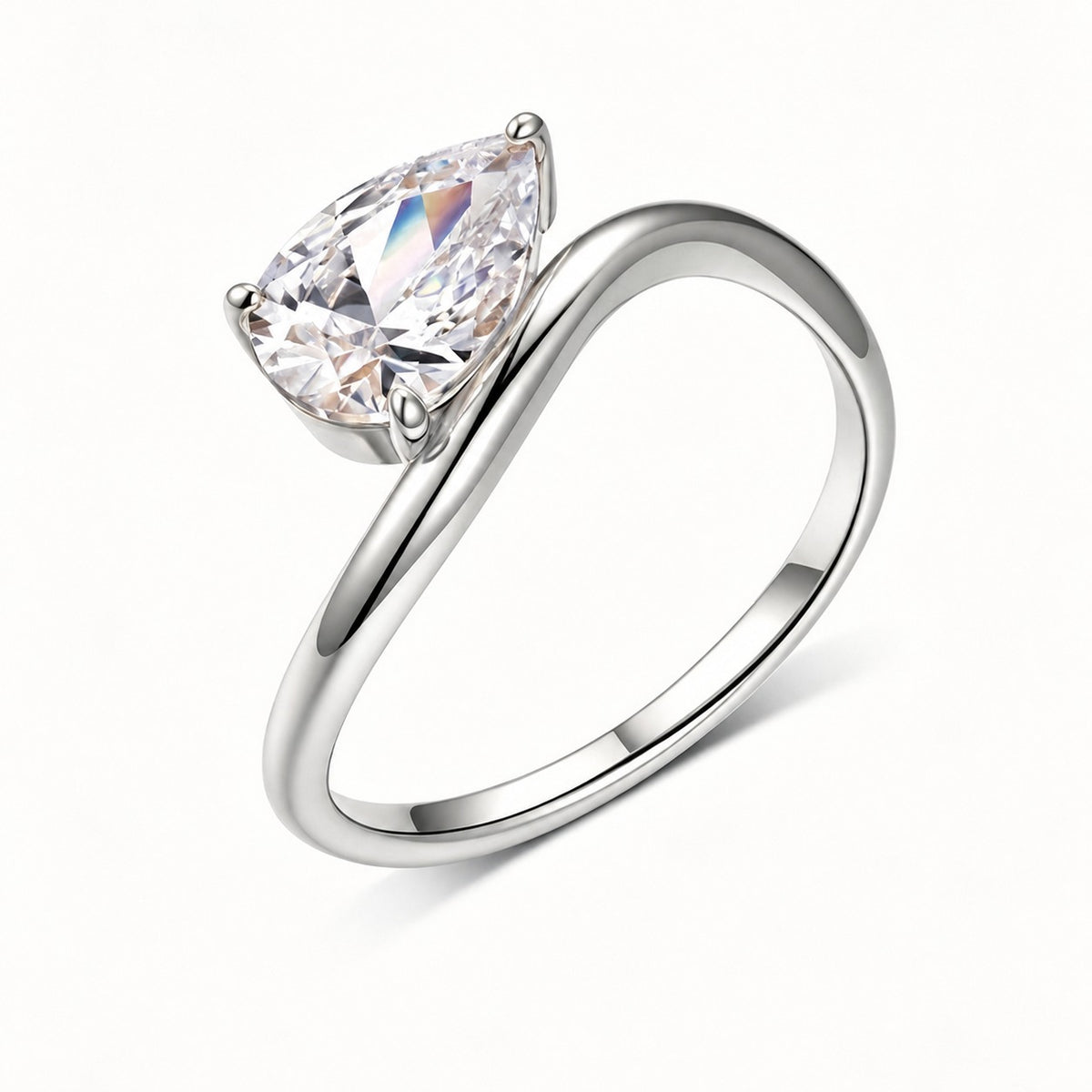 Pear Shaped Moissanite  925 Sterling Silver Simple Wave Band Solitaire Ring