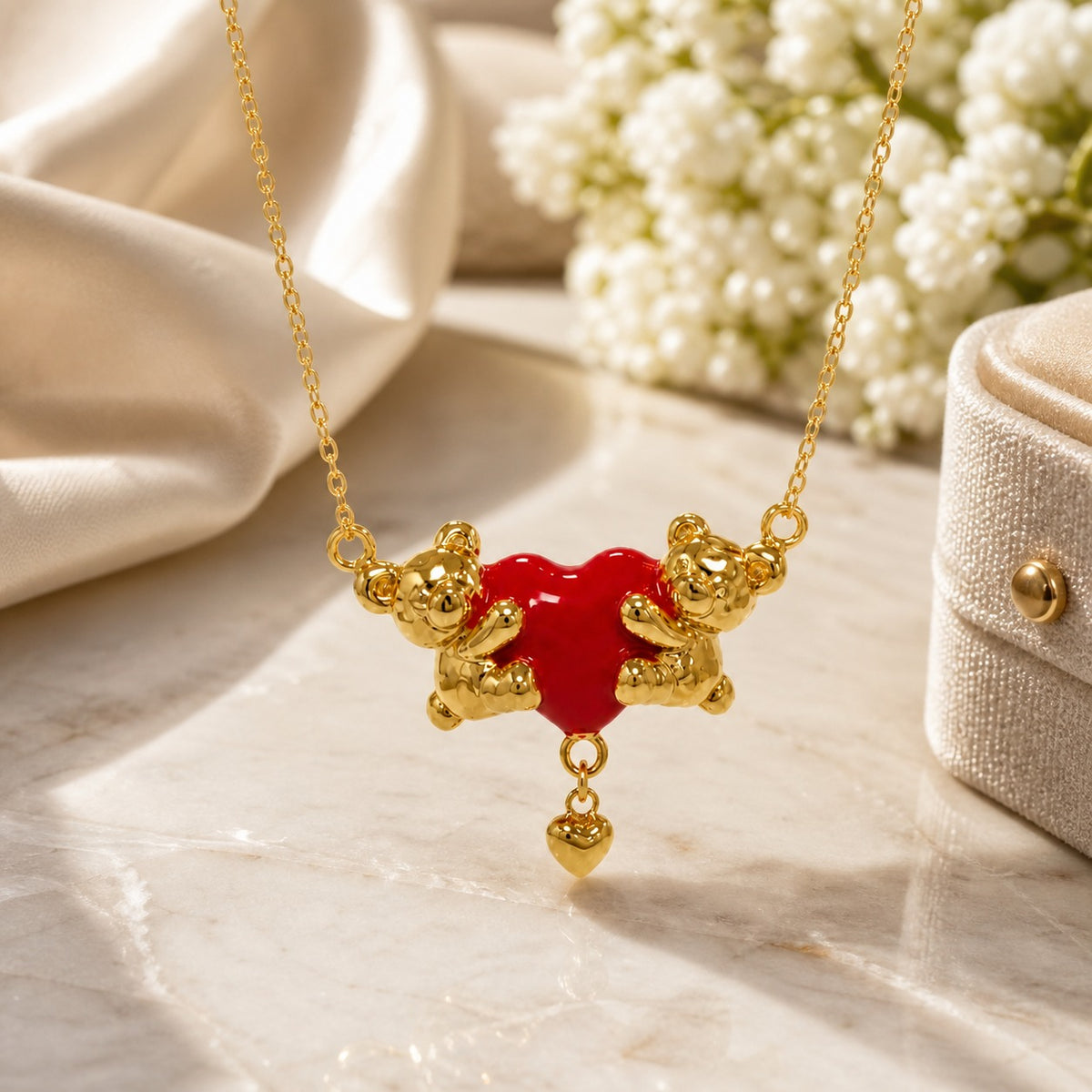 925 Sterling Silver Gold Plated Double Bear Red Enamel Heart Pendant Necklace